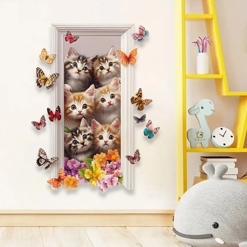 

Flower Butterfly Cute Kitten Wall Sticker Bedroom Living Room Entrance Home Wall Decoration Sticker Self-Adhesive Removable