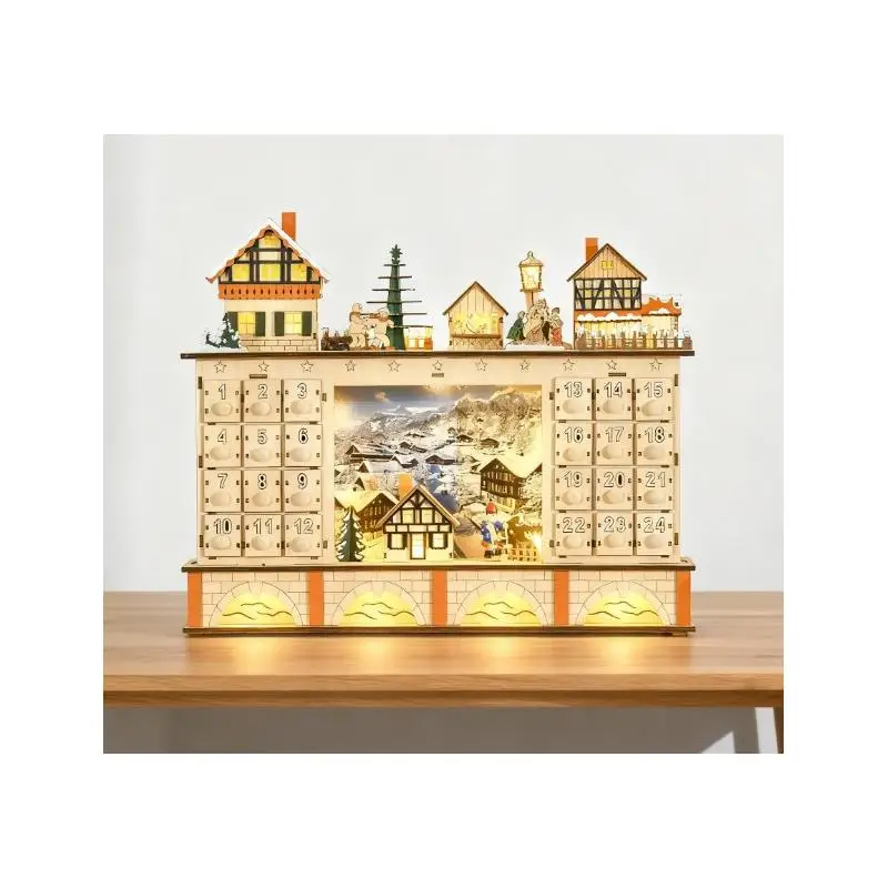 تقويم القدوم الخشبي لعيد الميلاد مع أدراج العد التنازلي، وديكور قرية العطلات