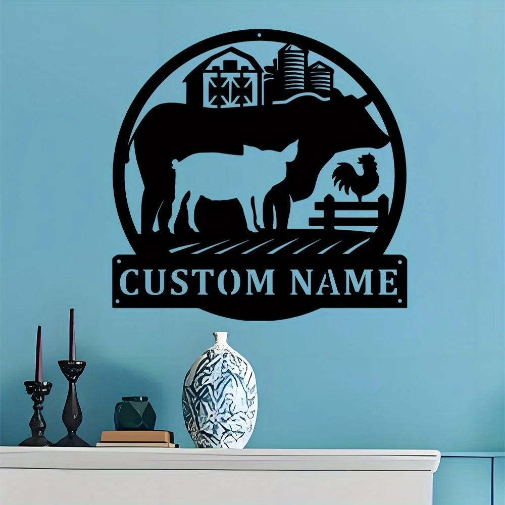 CIFbuy 2D Flat Farmhouse Metal Plaque,Custom Name Barn Cow Chicken Rustic Outdoor Wall Decor