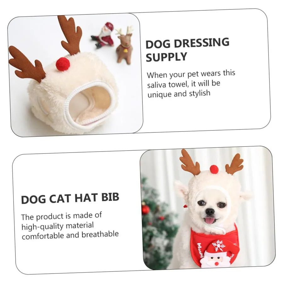 Christmas Pet Hat Bib Bandana Set Santa Elk Pattern with Ear Holes Soft Fabric Multiple Colors Styles for Cat Dog Holiday Outfit