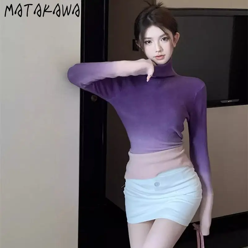 Matakawa Gradient Autumn Winter Clothes Women Sweaters Turtlenck Basics Vintage Elegant Pull Femme Korean Fashion Pullovers