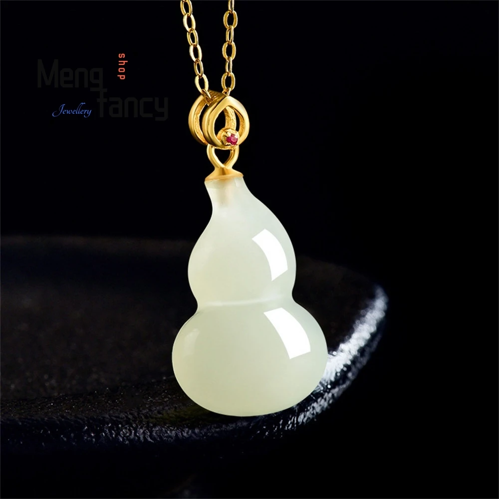 

Natural Old Material Hetian Jade White Jade Gourd Pendant, Genuine S925 Silver Inlaid Jade Necklace Pendant Men's Women's Styles