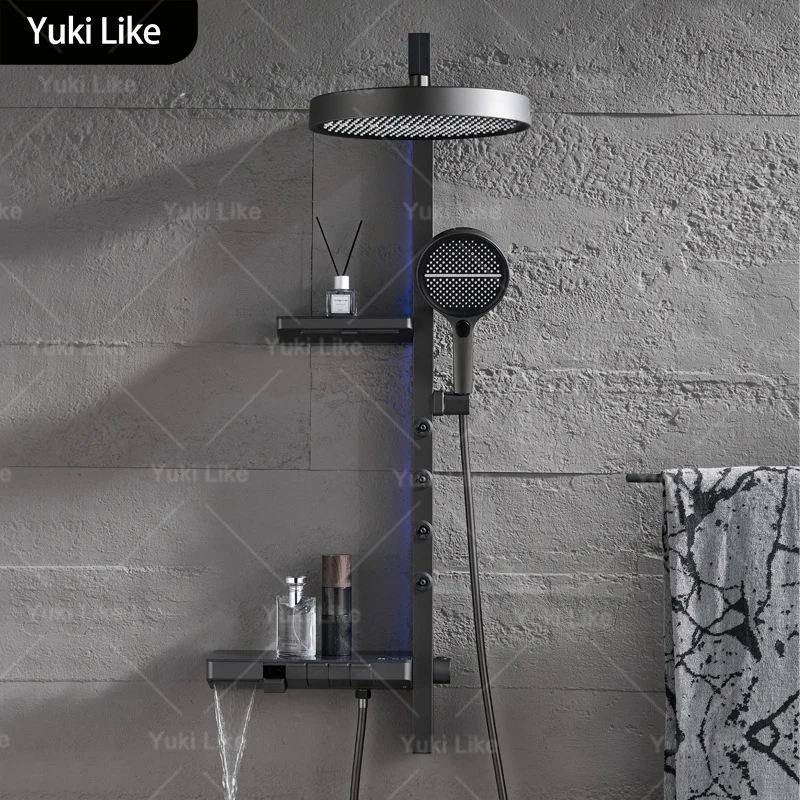 

Пистолет-серый набор душевой системы с большой полкой, многофункциональный с распылителем на талии, клавиши фортепиано, дисплей температуры, душевой набор для ванной комнаты