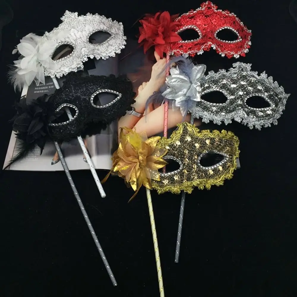 Stick Side Feather Flower Handheld Masquerade Masks With Holding Stick Festival Costume Party Translucent Half Face Mask Feather