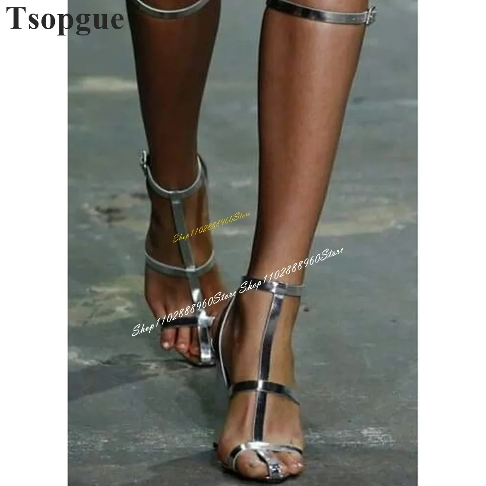 

Trendy Runway T Strap Silver Buckle Strap Sandals Chunky High Heel Women Shoes Buckle Strap Pointed Toe 2024 Zapatos Para Mujere