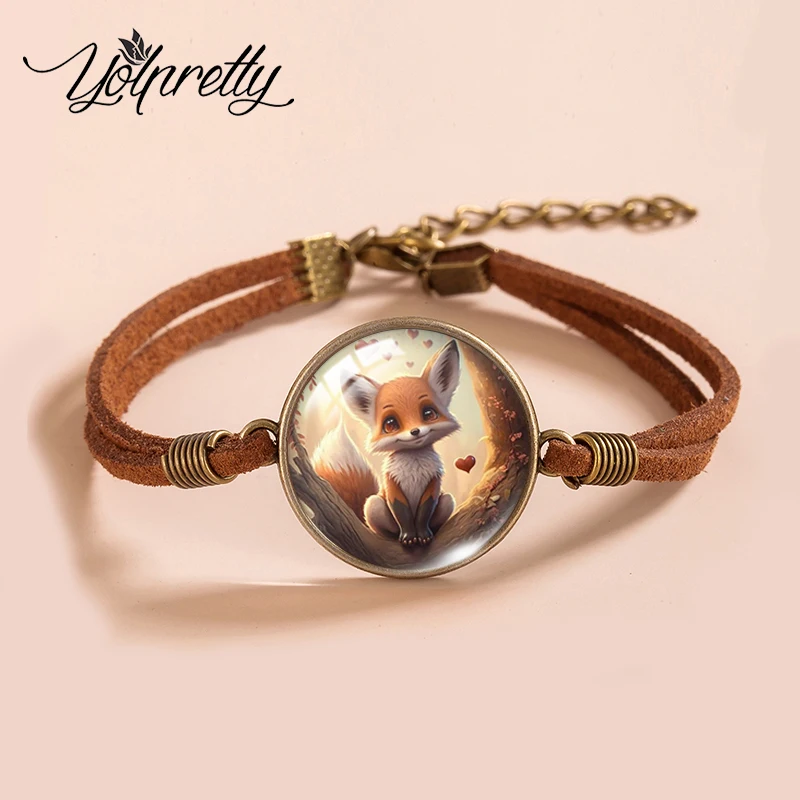 2023 New Arrival Fashion Fox in Forest Oil Paintings Handcraft Jewelry Glass Round Dome Leather Bracelets