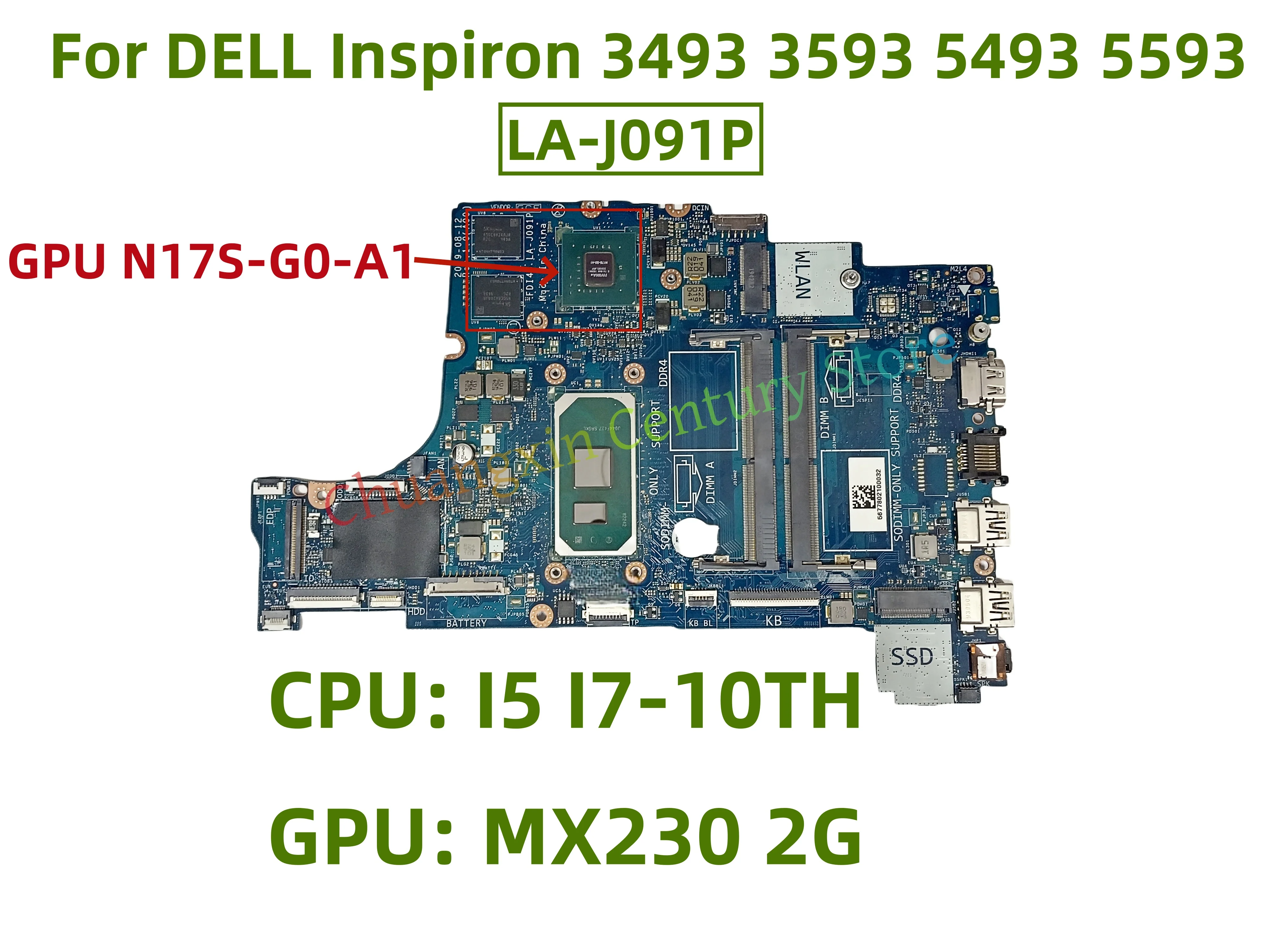 

LA-J091P LA-J092P материнская плата для ноутбука DELL Inspiron 3493 3593 5493 5593 с процессором: I5 I7-10TH GPU: MX230 2G 100% тест в порядке