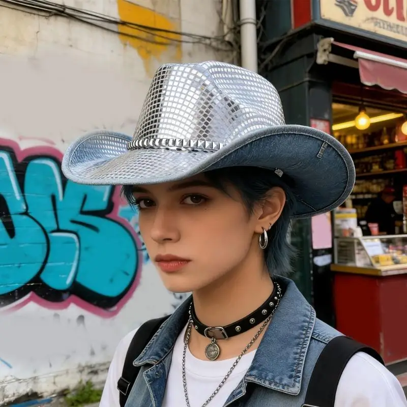 

31BF Shimmering Western Hat Disco Party Hat For Music Festival And Party Dressingup