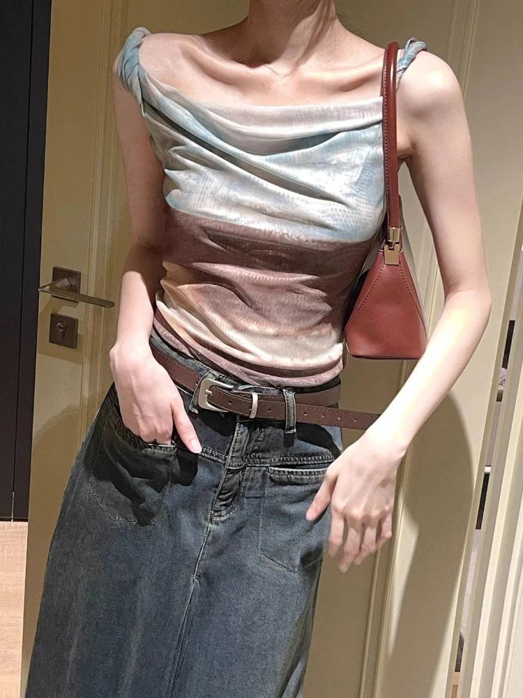 Fashion Ladies Abstract Print Mesh Tank Top Cropped Off Shoulder Sleeveless Vest Inner Wear Sweet Spicy Style