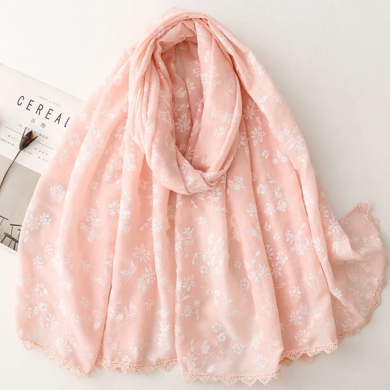 

Модный женский шарф с вышивкой, женский шарф из искусственного хлопка и льна, однотонный, с цветочным кружевом, мягкий, приятный для кожи, свежий стиль, солнце