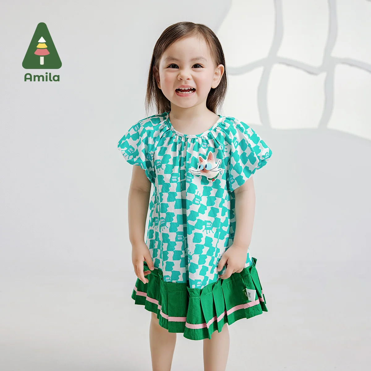 Amila 2024 Summer New Girls Floral Dress Blue Puffed Sleeves Sweet Cute Breathable Dress Kids Clothing 0-6Y