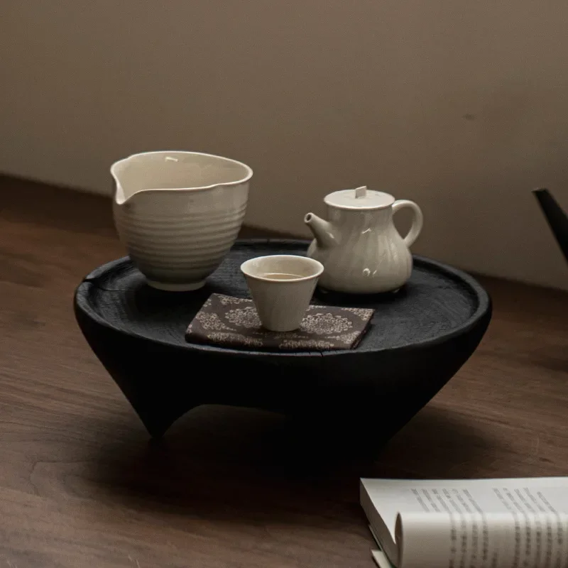 Carbonized wood small tea tray creative round dry brewing table household kung fu tea set storage tray tea set accessories