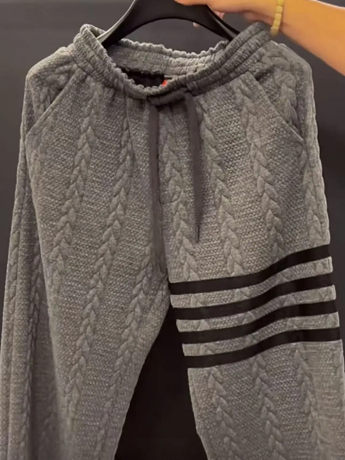 Large Size Men Women's Gray Long Pants Drawstring Waist with Black Stripes Fashion Sports Baggy Casual Warm Streetwear Trousers