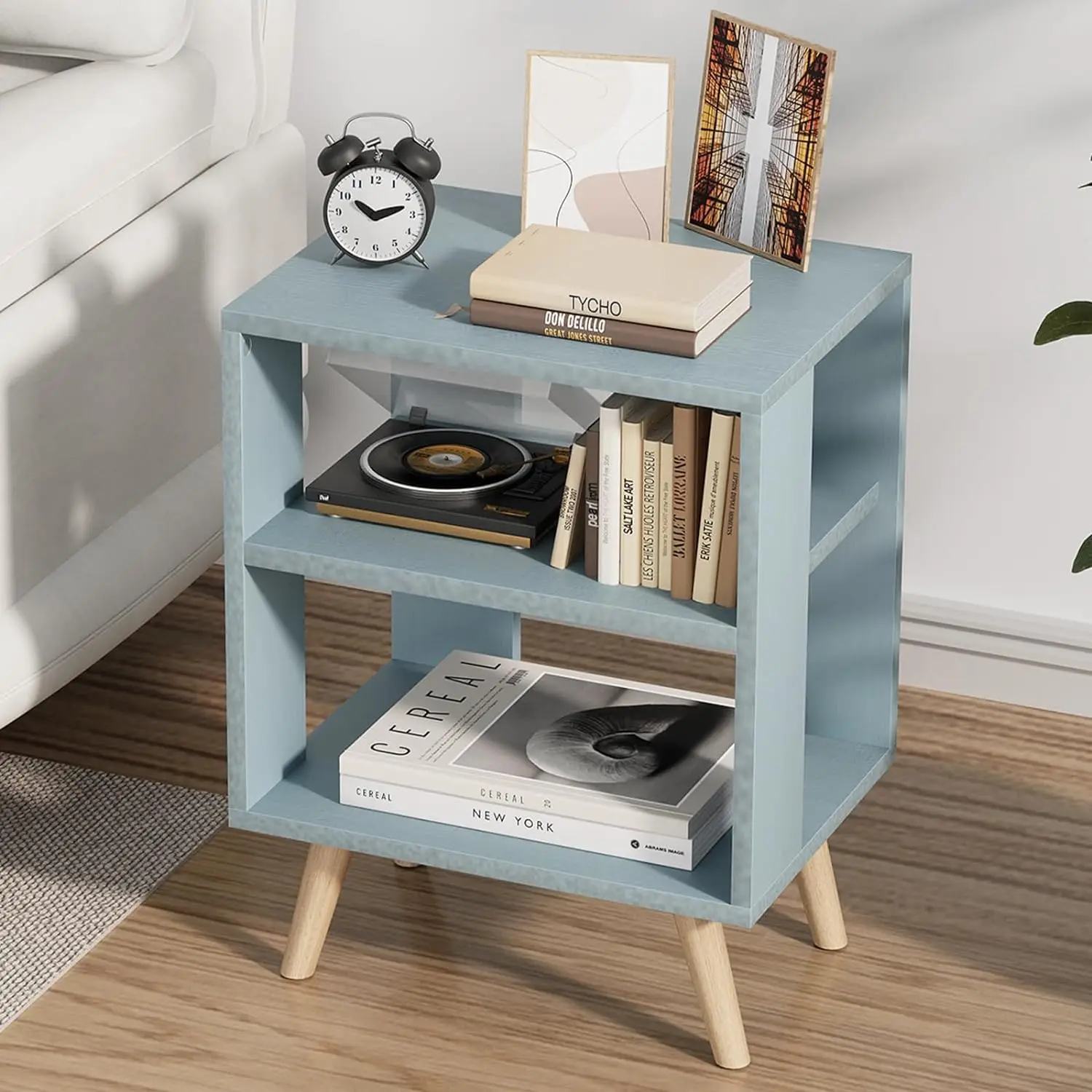 

2-Tier Blue Nightstand with Open Storage for Small Spaces