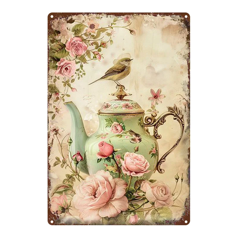 Aluminum Metal Sign, Vintage Teapot Pink Roses Little Bird Distressed Retro Print Wall Art, Decor Plaque for Home Bar Decor