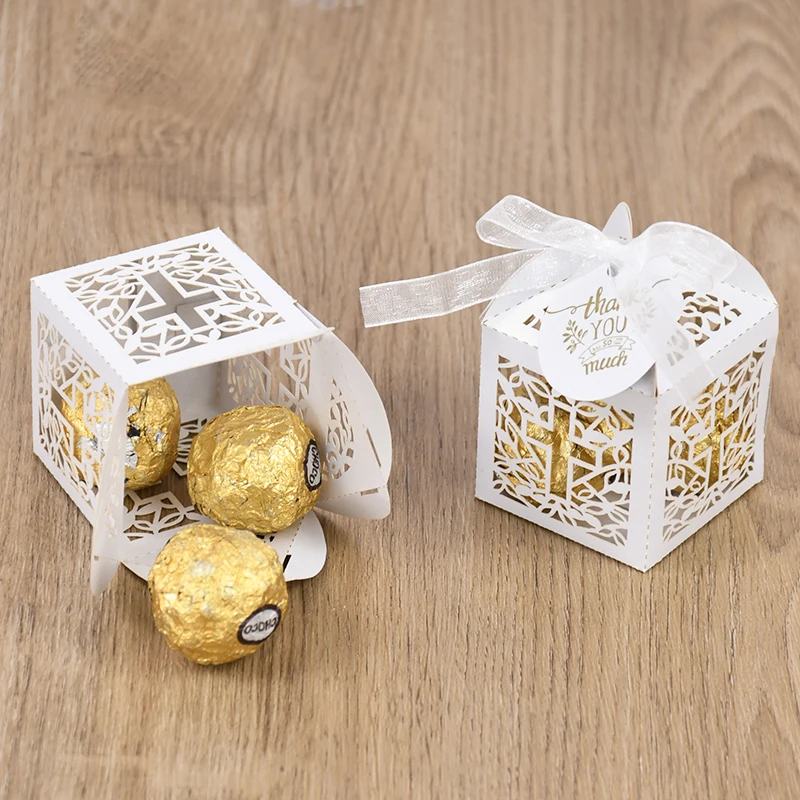 10/50pcs Christening Souvenirs Candy Gift Box With Thank You Tag Baptism Decoration Kids Birthday Party First Communion Supplies