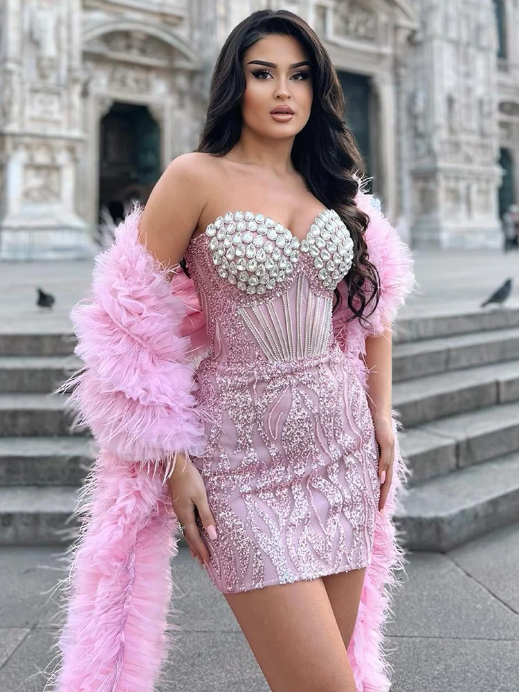 VC Luxury Dress For Women Pink Feather Scarf Strapless With Crystal Sequins Mini Celebrity Party Vestido 2023 New Trendy