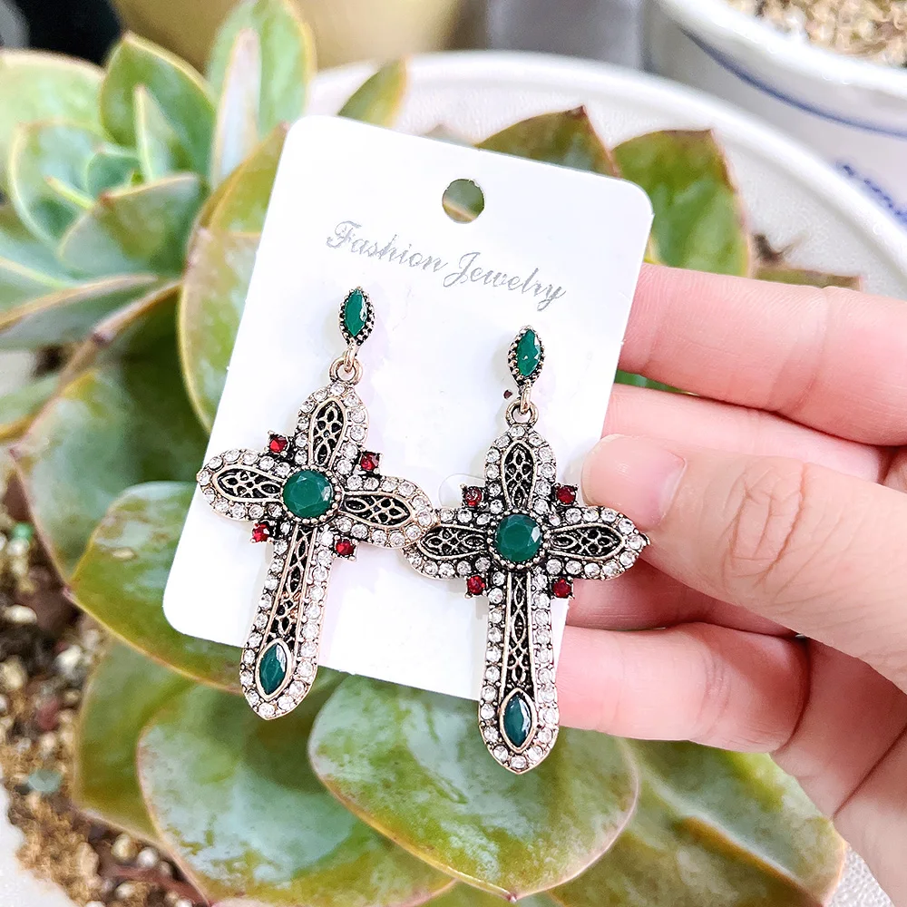 Sunspicems Vintage Turk Cross Earring Long Dangle Earring For Women Antique Gold Color Resin Crystal Multicolor Religion Jewelry