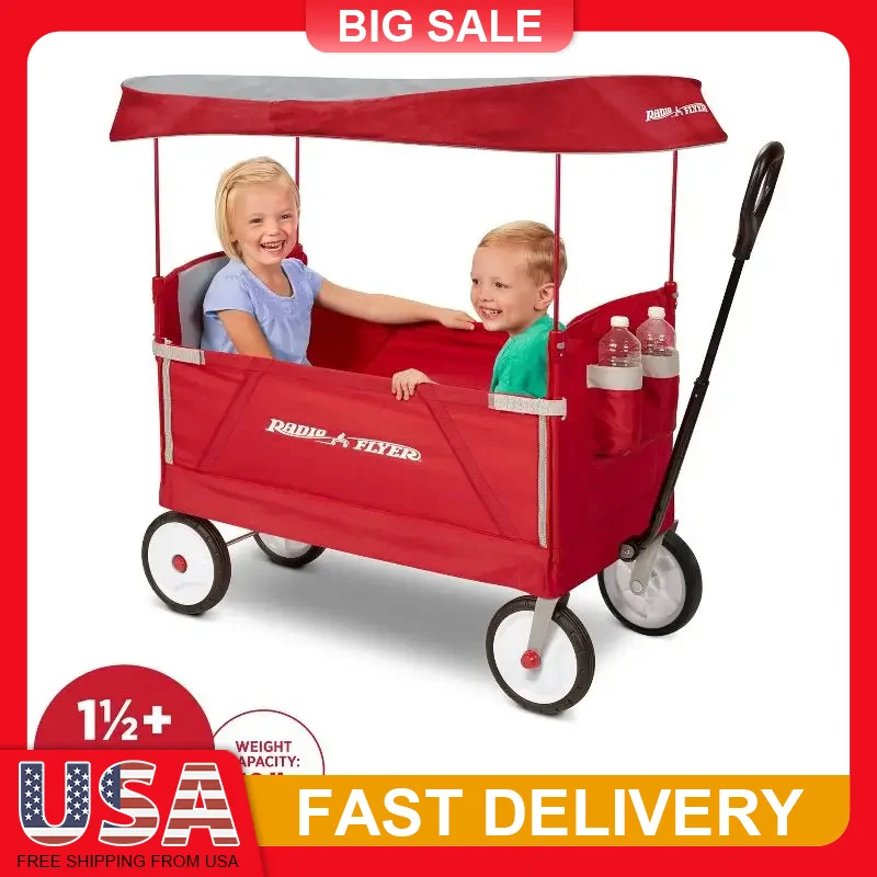 

3 in 1 Foldable Wagon with Canopy 150lb Capacity Wagon Cart with Seat Belts Storage Pouch for Kids Outdoor Beach Park Camping