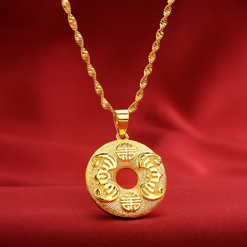 Boutique Fashion AU999 Gold Necklace Womens Clavicle Chain Ethnic Style 24K Pure Gold Peace Buckle Pendant Gift Jewelry