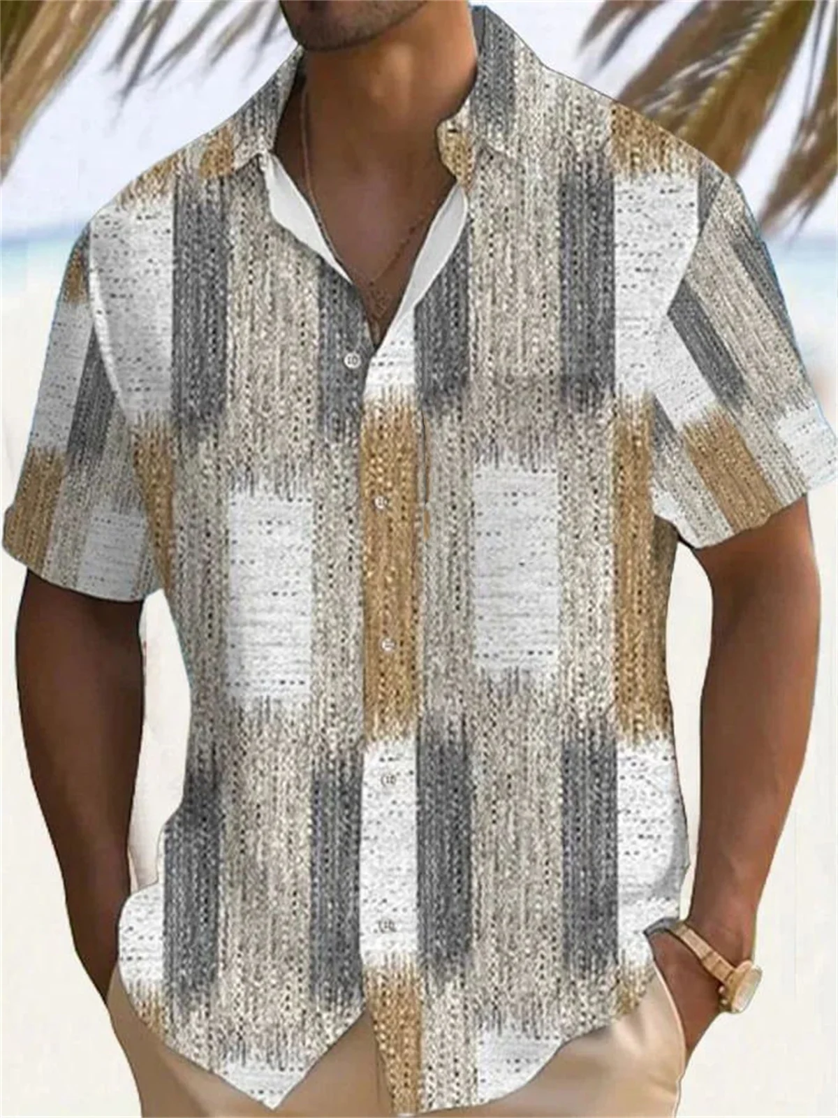 Camisa de textura gradiente retrô masculina, impressão 3D, manga curta, peito único, camisa havaiana, nova, XS-5XL, verão