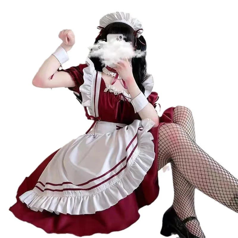 Vestido de sirvienta de restaurante de moda Burdeos para niña, uniforme de Cosplay puro de talla grande, vestido Kawaii Lolita, traje de fiesta de Mascarada, nuevo