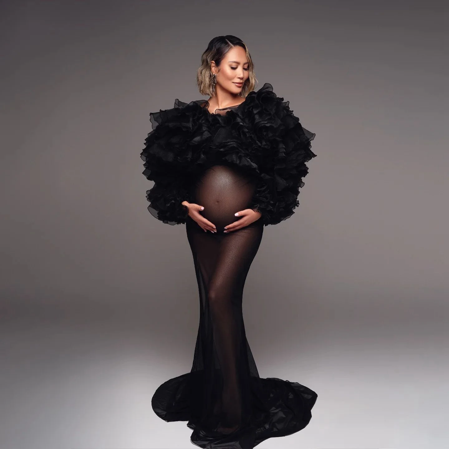 Elegant Black See Through Maternity Dress for Baby Shower Mermaid Photo Vestiti Sposa Ruched Long Sleeve Tulle Pregnant Women Go