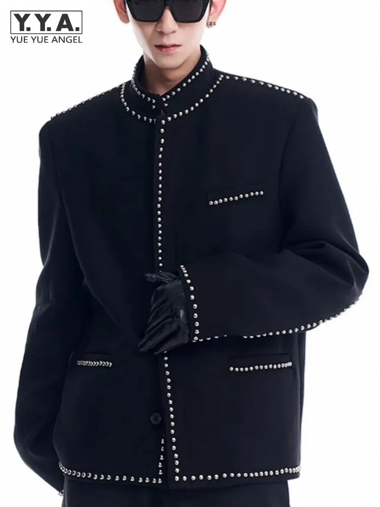 Vintage Men Stand Collar Rivets Studded Jacket Party Coat New Designer Fashion Autumn Outerwear Black Stage Show Slim Fit Jacket