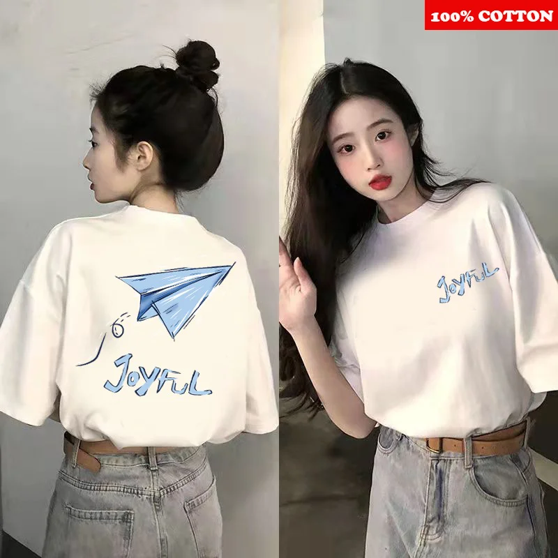 Korean Style short sleeve T-shirt Women Summer 2025 New 100% Cotton Flower Butterfly Print Tee Casual Y2k Tops Female clothing