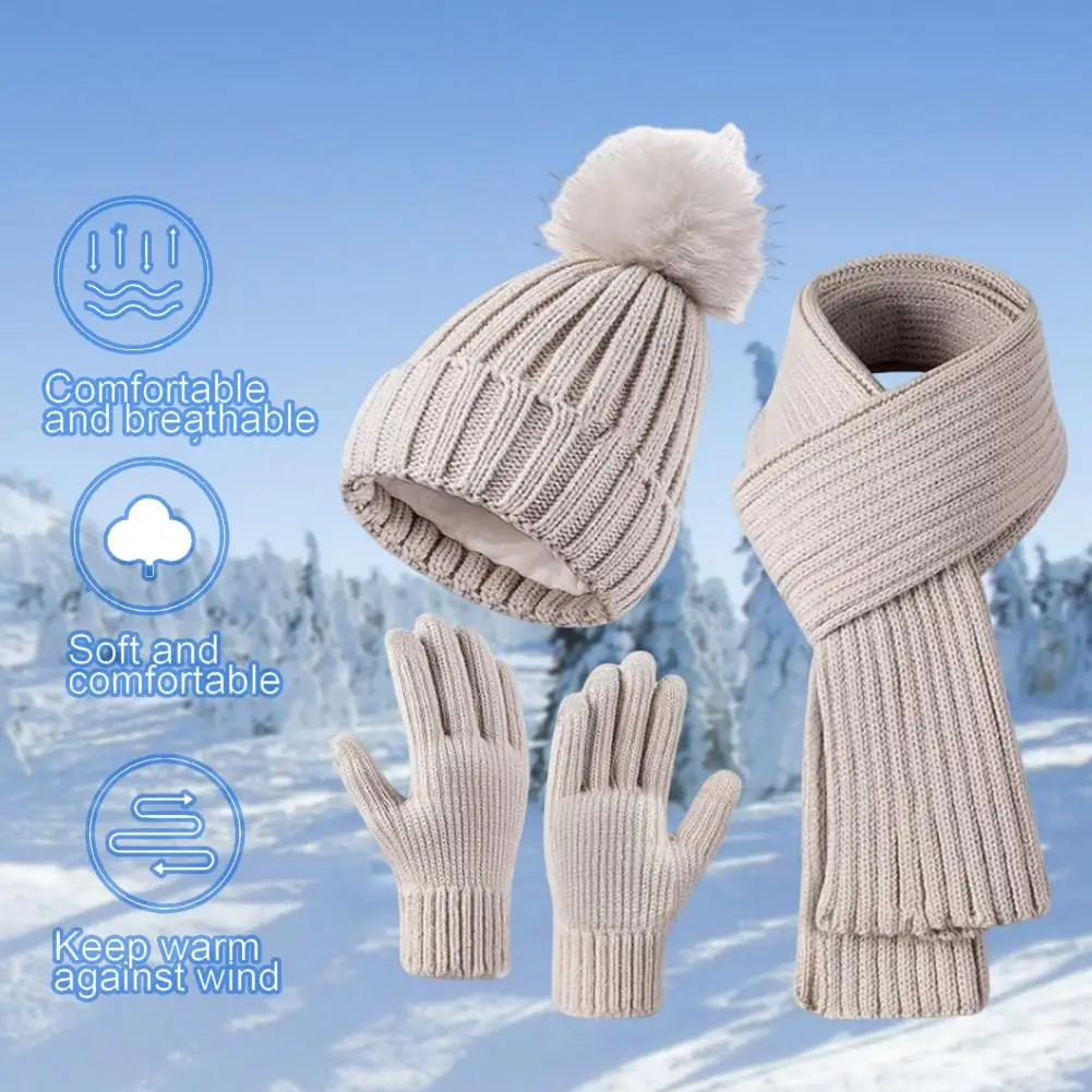 Winter Glove Hat Set Winter Beanie Scarf Gloves Set for Women Knitted Warm Cap with Friction Palm Gloves Elastic Ear Protection