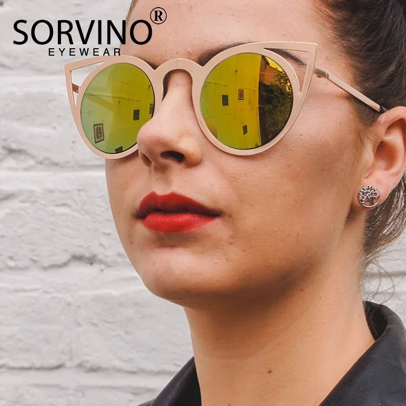 SORVINO 2024 Round Cat Eye Sunglasses Women Brand Designer Retro Vintage Pink Mirror CAT EYE Sun Glasses Anti Blue Light UV400