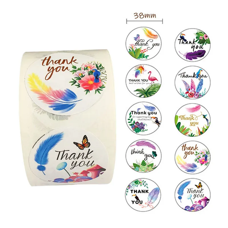 1.5inch/3.8cm Beautifully Colorful Feather Floral Thank You Sticker Forest Birds Seal Labels for Baking Gifts Envelope Packaging