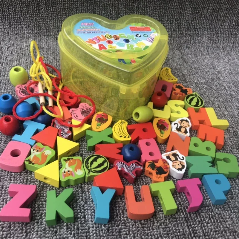 New 50pcs/Lot Baby Wooden Lacing Beads Animals Blocks Heart-shape Stringing Threading Lace Beads Box Educational Preschool Toy