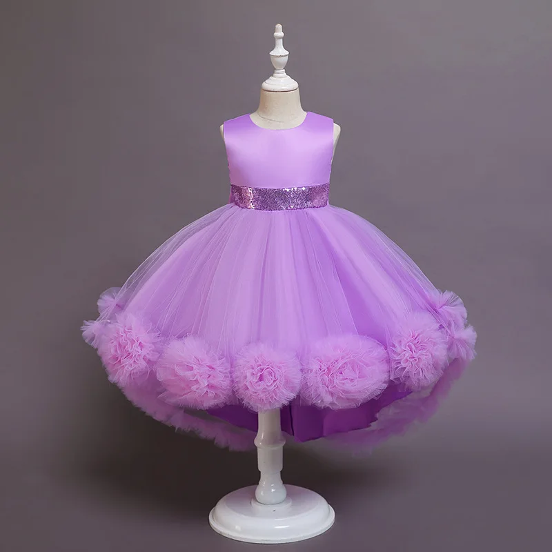 Kid Sleeveless Dress Satin Paneled Bodice Children Sequin Belt Tulle Gown Girl Skirt Ruffle Flower High Low Hem Design Graceful