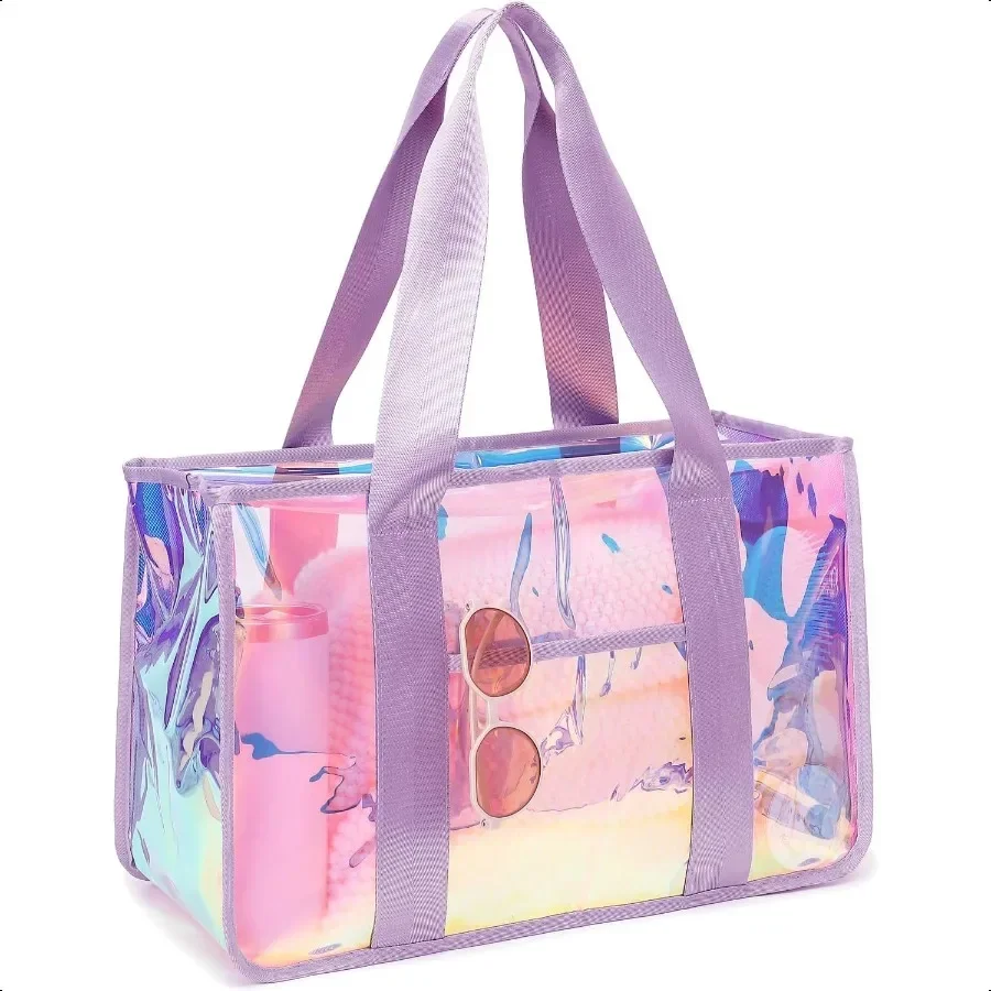 

Iridescent Clear Beach Bag for Women Large Pool Tote Cruise Vacation entials Waterproof Zipper Closure
