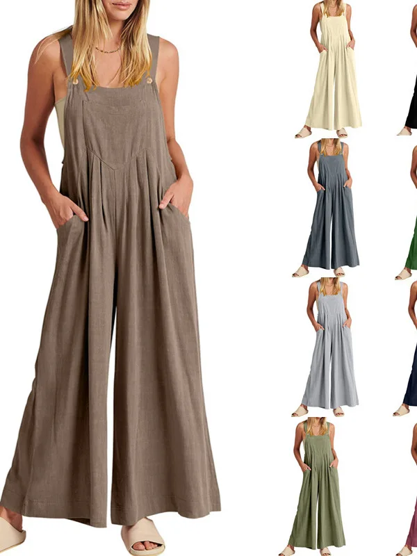 Mono holgado informal de Color puro para mujer, pantalones de pierna ancha, pantalones largos de cintura alta, traje cómodo de una pieza