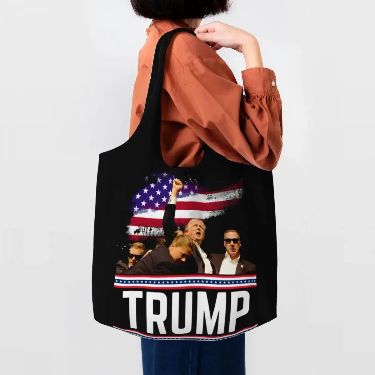 Custom Funny Trump Will Be Back Shopping Tote Bag Recycling American USA Groceries Canvas Shoulder Shopper Bag