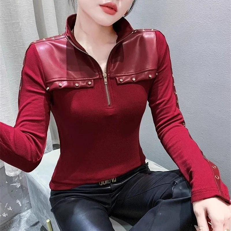 Mode PU Leder Patchwork Revers Langarm Hemd Bluse frauen 2026 Neue Frühling Herbst Schlank Nagel Perle Half-zip Strickjacke Top