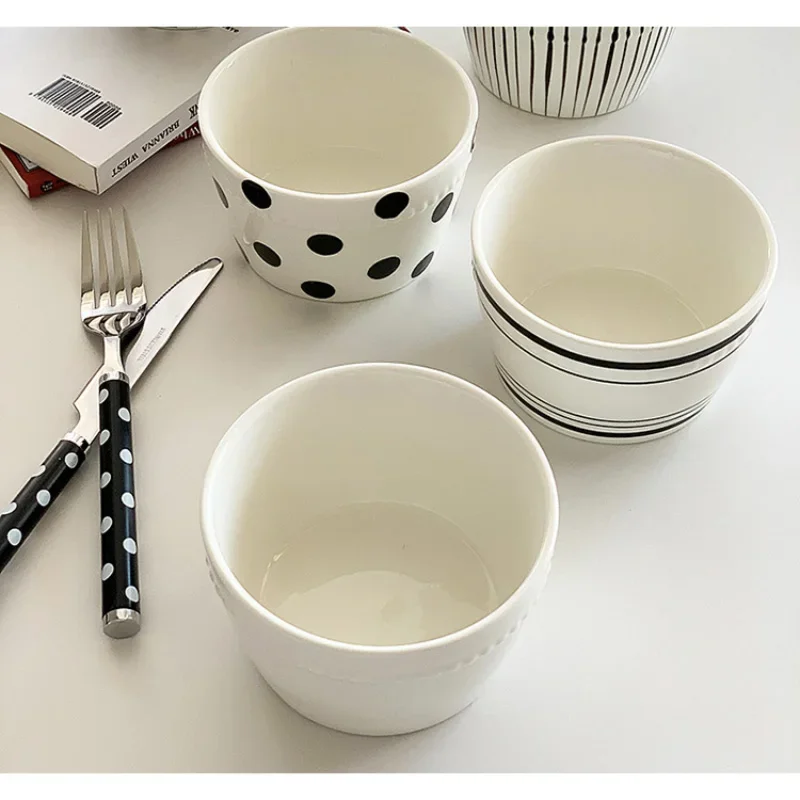 Korean Simple Black White Ceramic Soup Bowl Wave Point Water Cup Tableware Noodle Soup Homehold Bowls Tableware Supplies