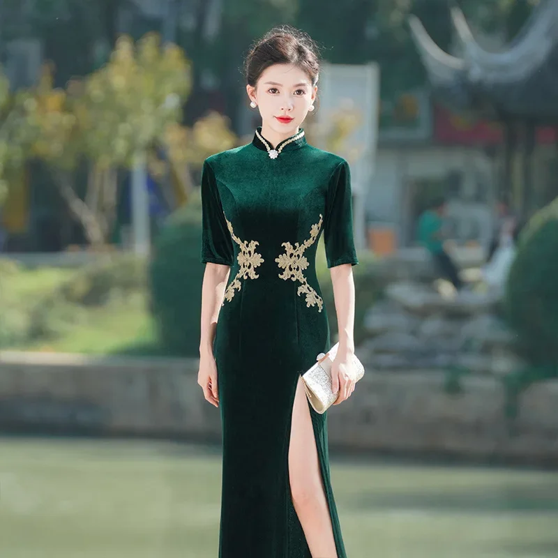 

Сексуальное зеленое женское платье Cheongsam с русалкой, элегантное платье с аппликацией, темпераментное платье с воротником-стойкой, макси Vestidos, велюровое Ципао