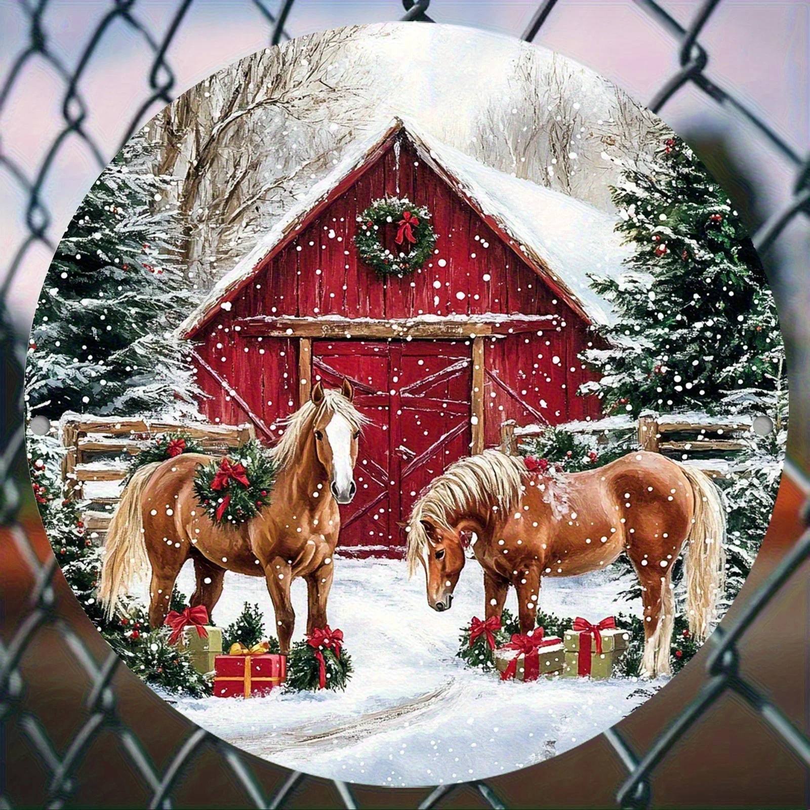 2D شقة، 2D Flat2D FlatRetro مزدوجة الحصان الحظيرة المشهد جدار الفن جولة الألومنيوم احباط نحت المعادن، عالية الوضوح مقاوم للماء الغبار