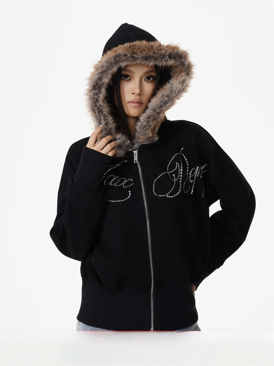 

American Retro Letter Rhinestone Faux Fur Collar Removable Oversized Hoodie Cardigan Outerwear Casual Sle Cotton Blend