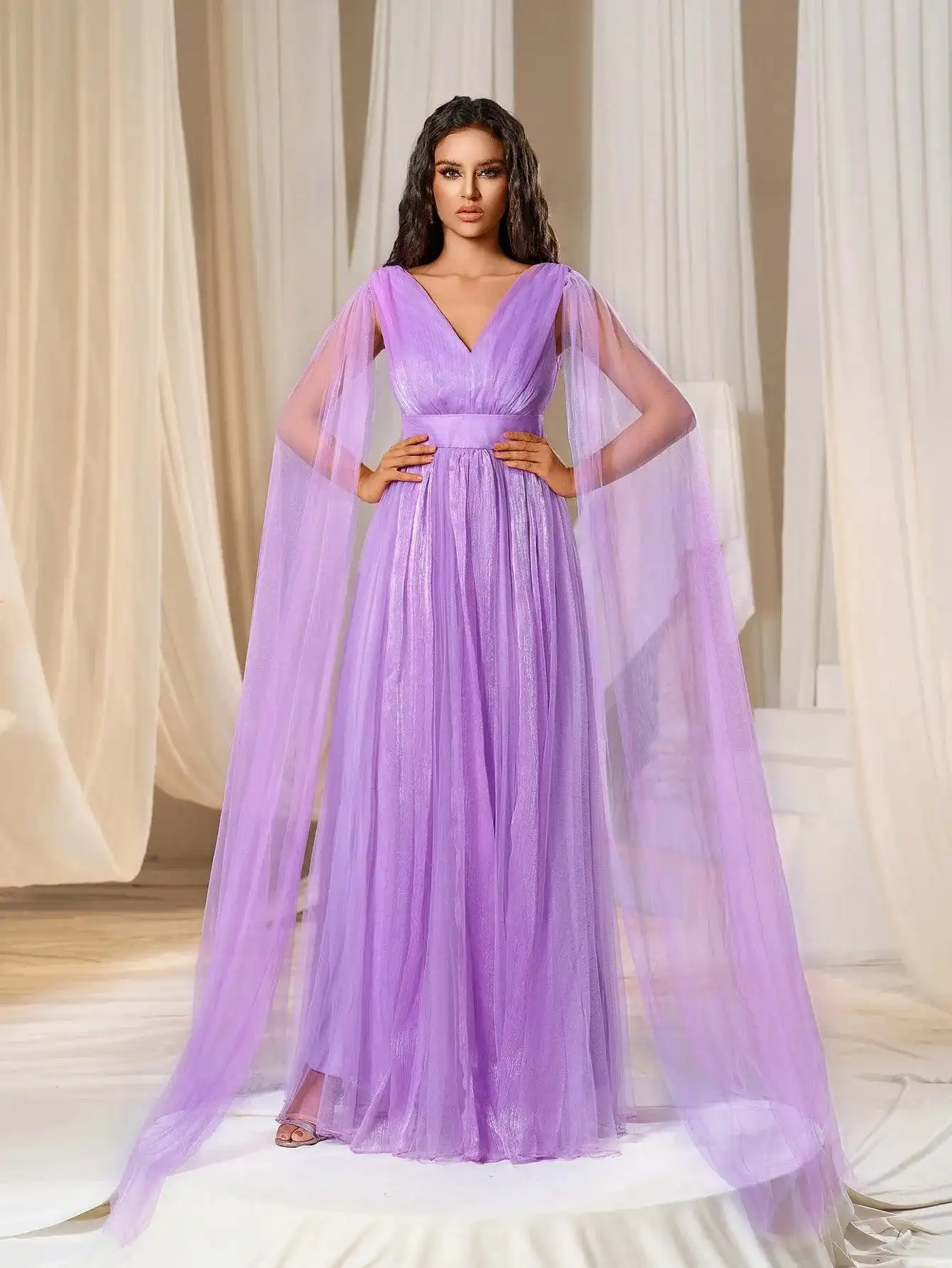 Plunging Neck A Line Bridesmaid dress With Cape Party Dress & Evening Dress