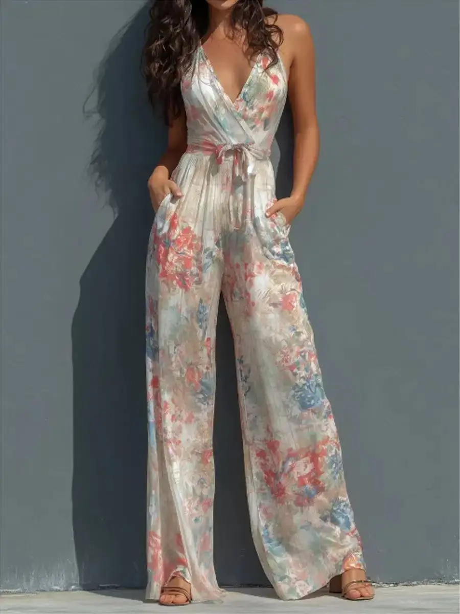 

Women Floral Print Jumpsuit Summer Fashion New Deep V Neck Halter Lace Up Backless High Waist Side Pockets Wide Leg Romper