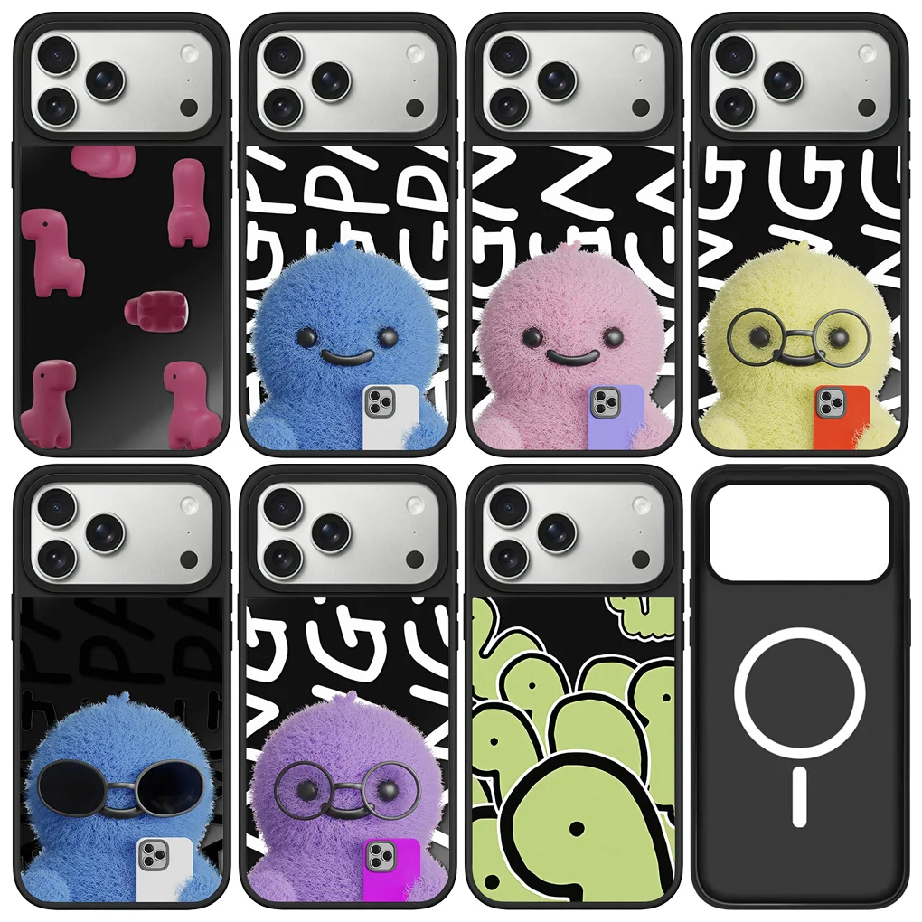 

Cartoon Plush Doll Black Mirror Surface Magnetic Phone Case Cover For IPhone 12 13 14 15 16 17 Pro Max Case For IPhone 17 Air