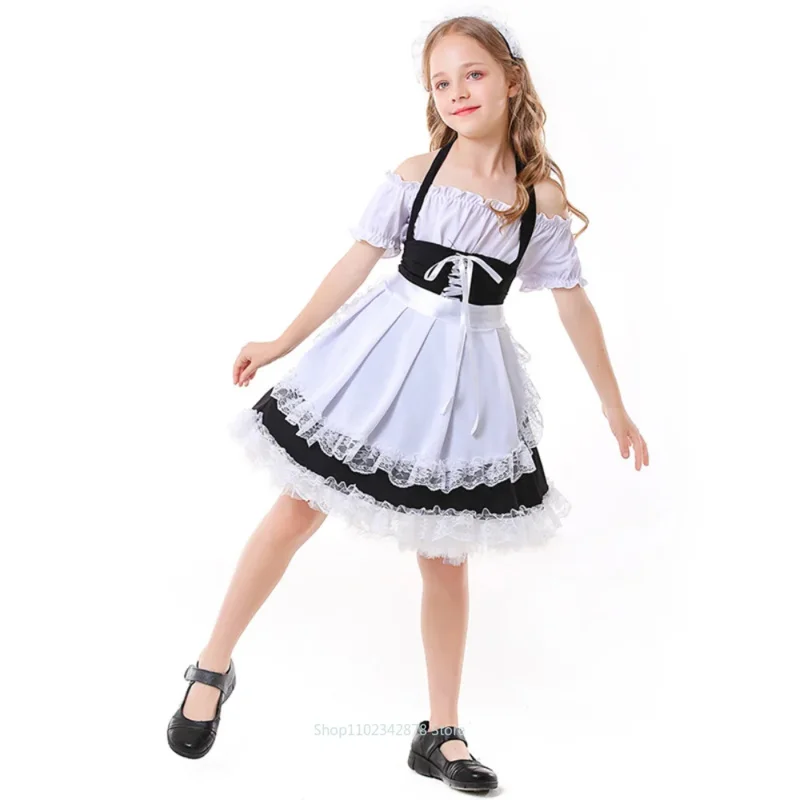 French Style Kids Lovely Maid Cosplay Costume for Girls Lolita Uniform Children Stage Performance Holder Dress Halloween Gift