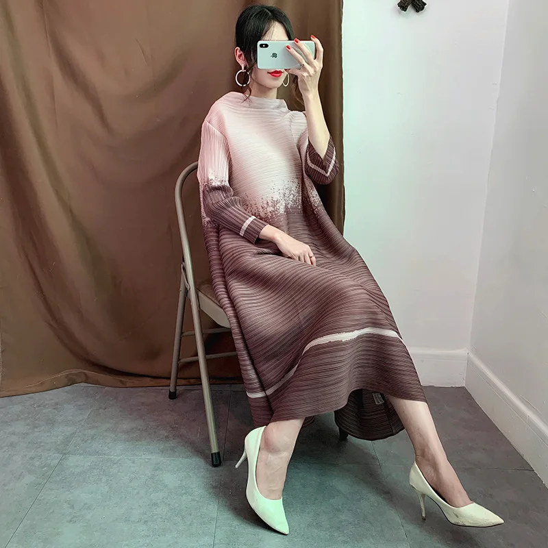 Miyake Pleated Maxi Dress for Women 2024 New Color Block Printed O-Neck Long Sleeves Loose Dresses Female Clothing Summer