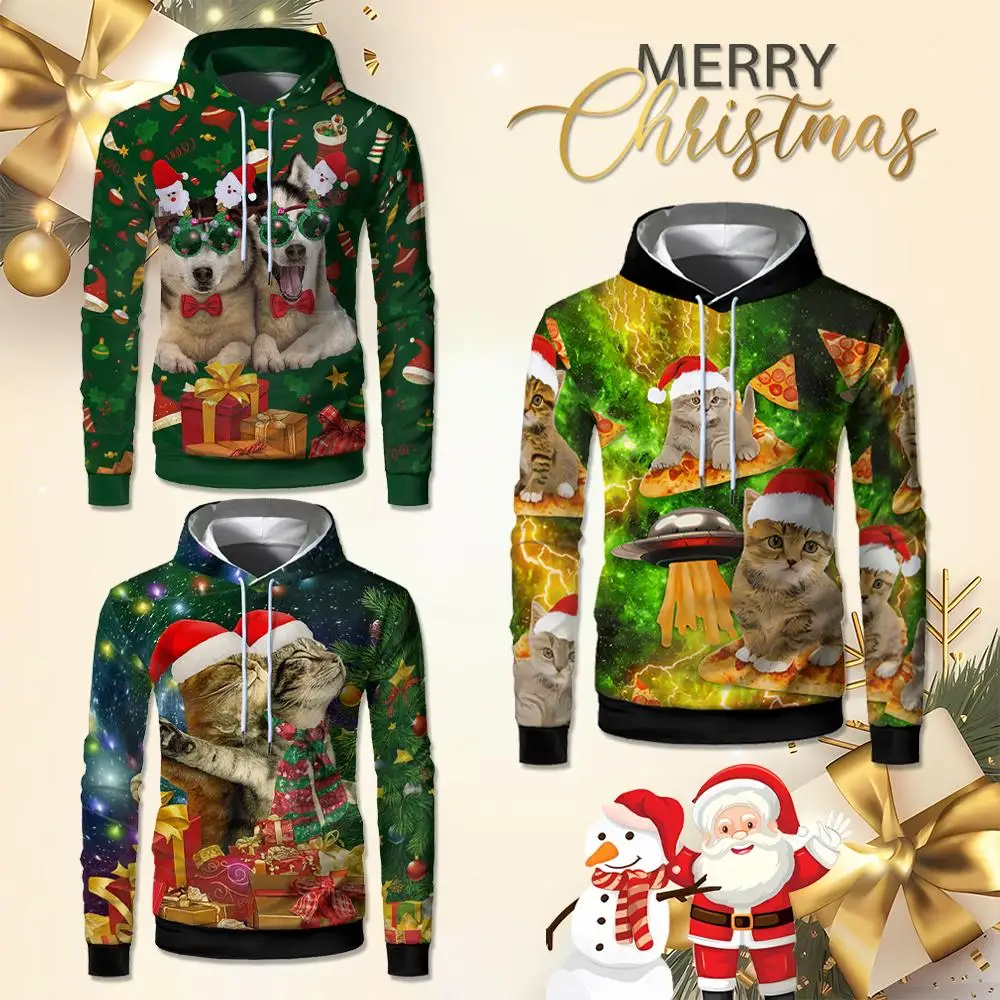 

Christmas Funny Cat Pizza 3D Printed Hoodies Unisex Fashion Personality Streetwear Party Casual Festival Long Sleeve Sweatshirt