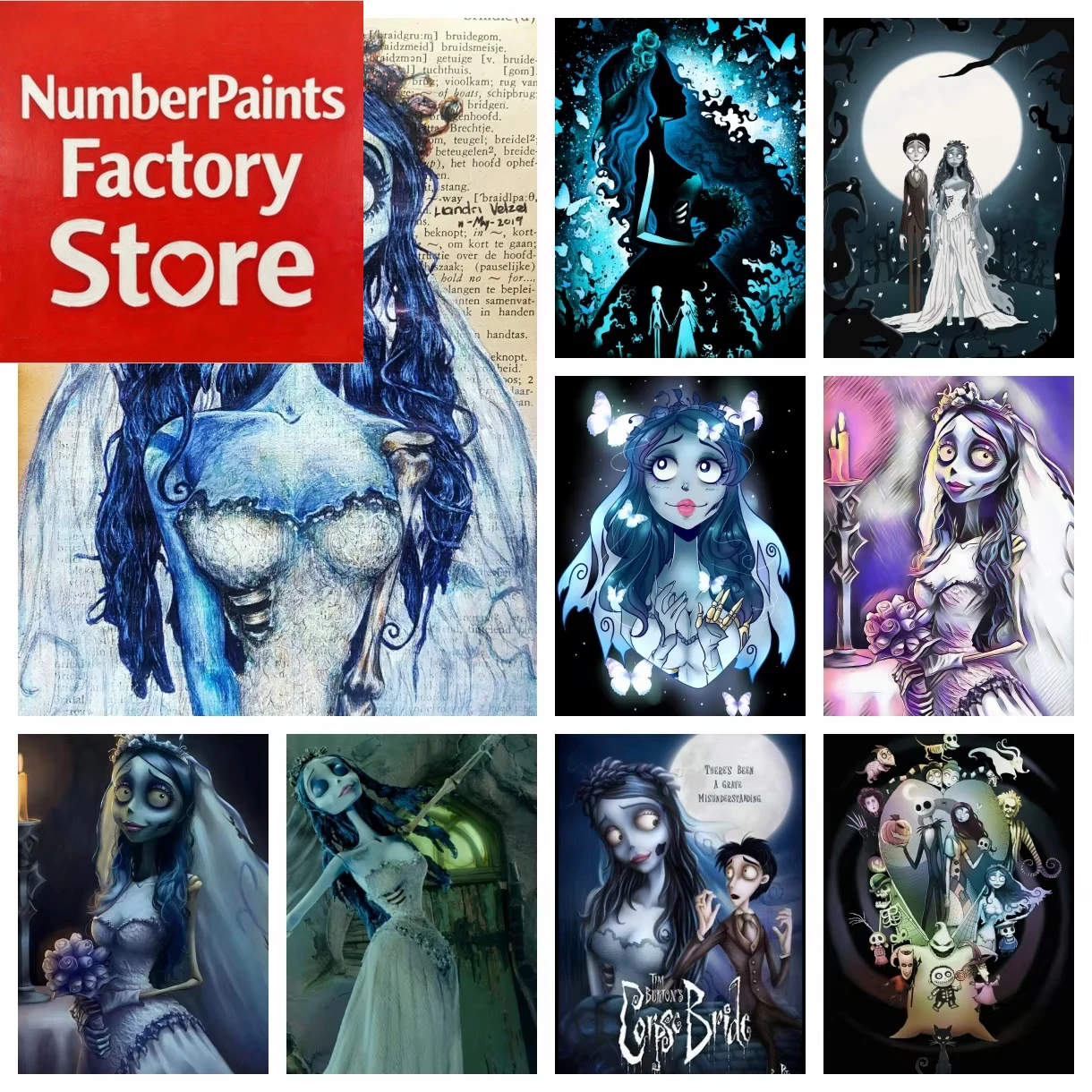 Pintura al óleo digital por números, película de terror de novia, pintura de Tim Burton con números, decoración del hogar, arte de pared, regalo perfecto, sin marco