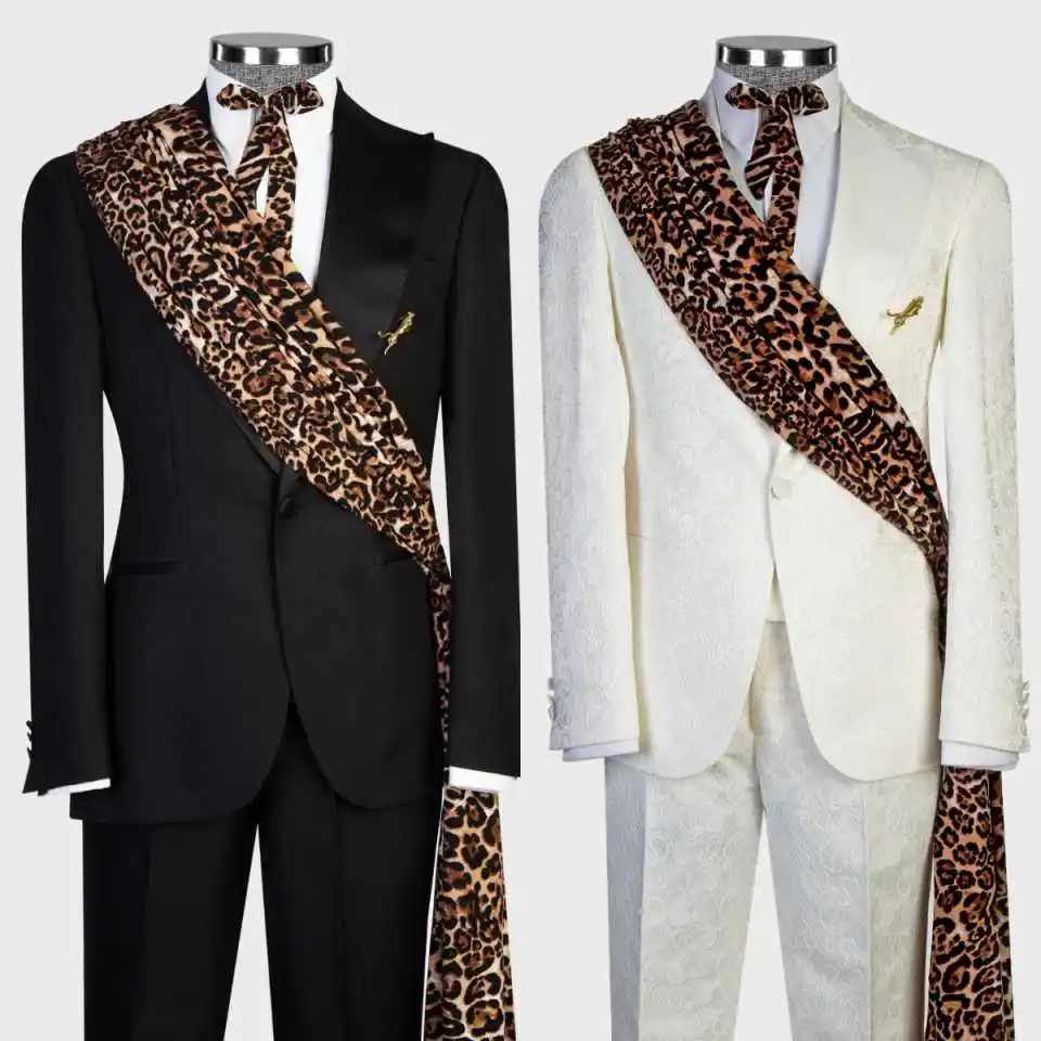Elegant Leopard Print Mens Suits 2 Pieces Jacket Pants Single Breasted Business Office Party Wear Customized Chaqueta Hombre
